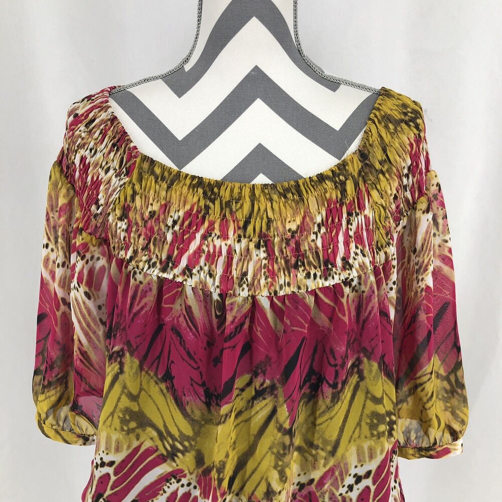 Alfani Short Sleeve Pink Yellow Butterfly Wing Blouse Elastic Waist & Neck 16